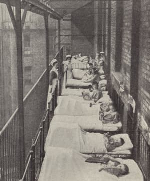 a newspaper image showing children in beds on one of the balconies